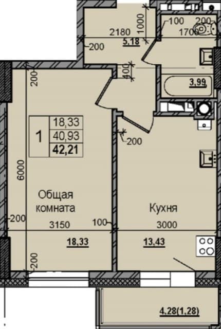1 комн., 42 м², Монолитно-каркасный, Залог 2