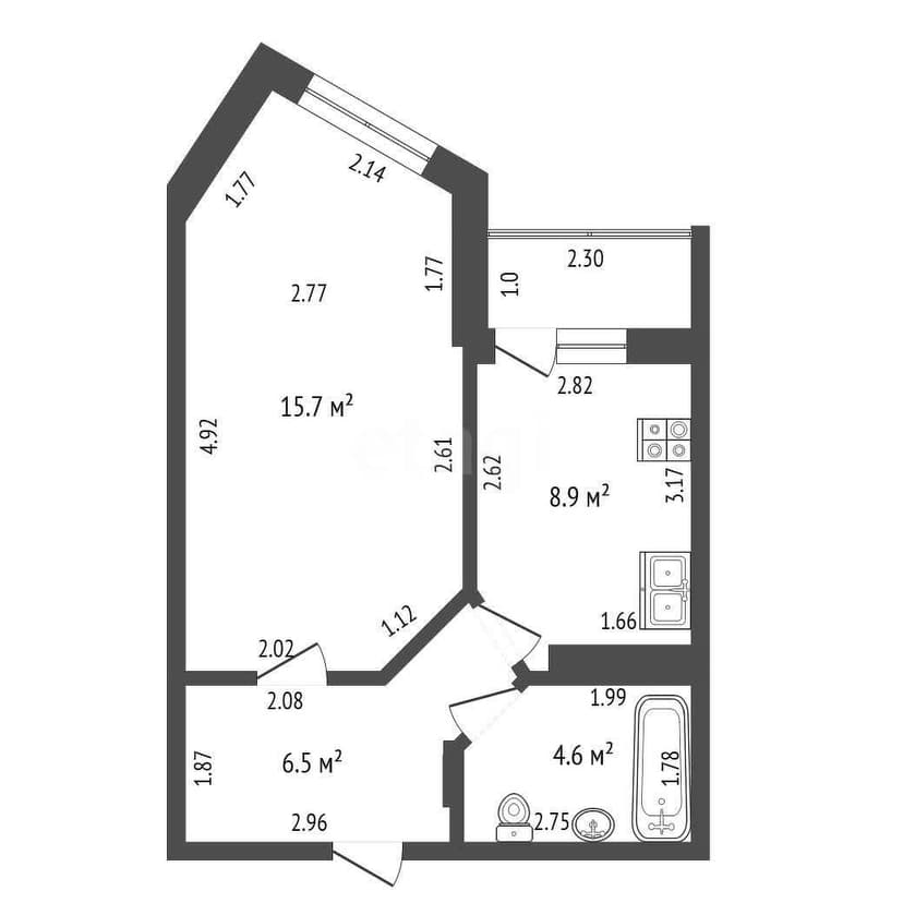 1 комн., 35 м², Монолитно-каркасный 10