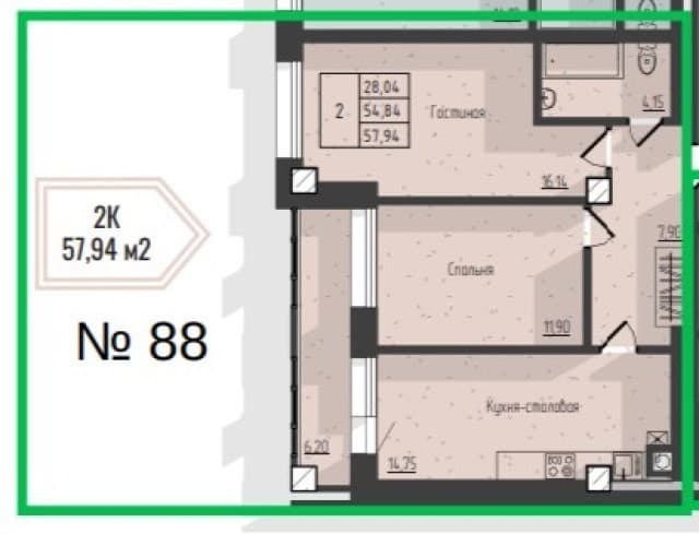 2 комн., Монолитно-каркасный, Вавилон 2