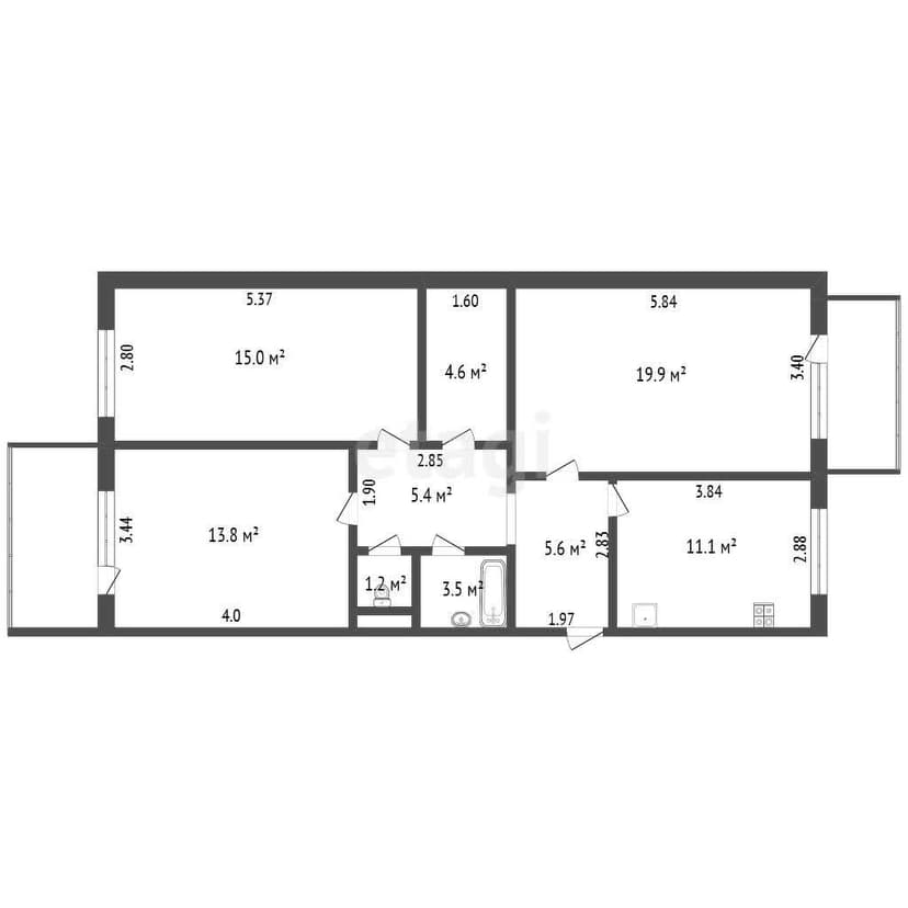 3 комн., 80 м², Инд. планировка 10