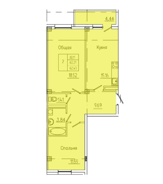 2 комн., Монолитно-каркасный, Апельсин 2