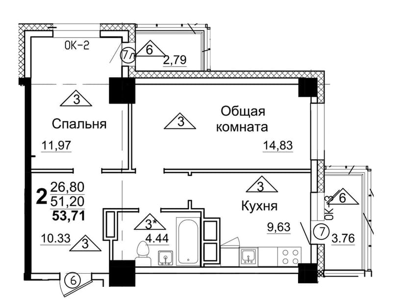 2 комн., 53.71 м²