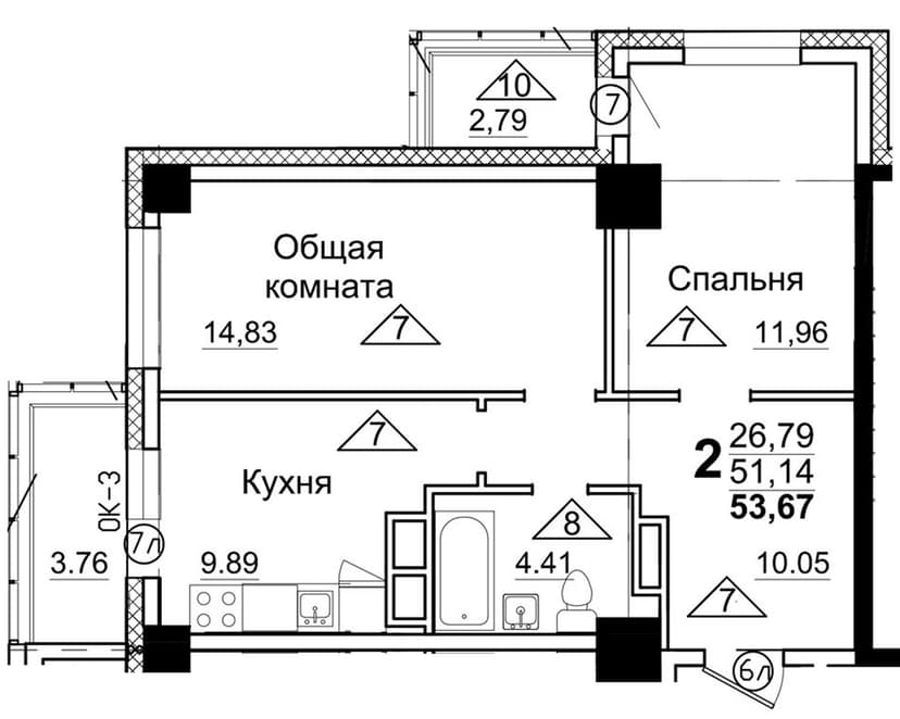 2 комн., 53.67 м²