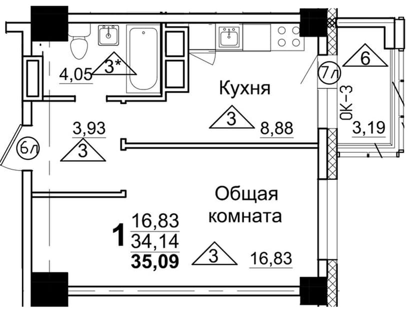 1 комн., 35.09 м²