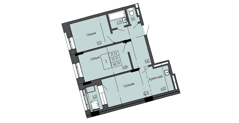 3 комн., 60.39 м²