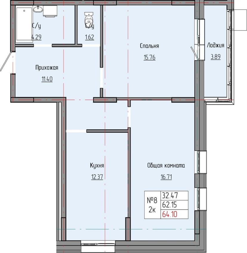 1 комн., 64.10 м²