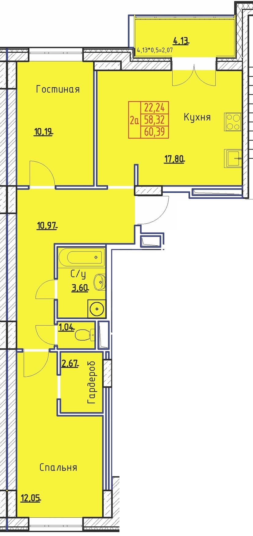 2 комн., 60.39 м²
