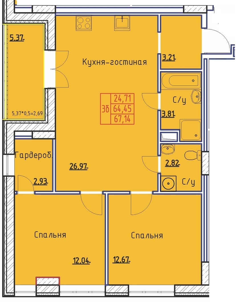 3 комн., 67.14 м²