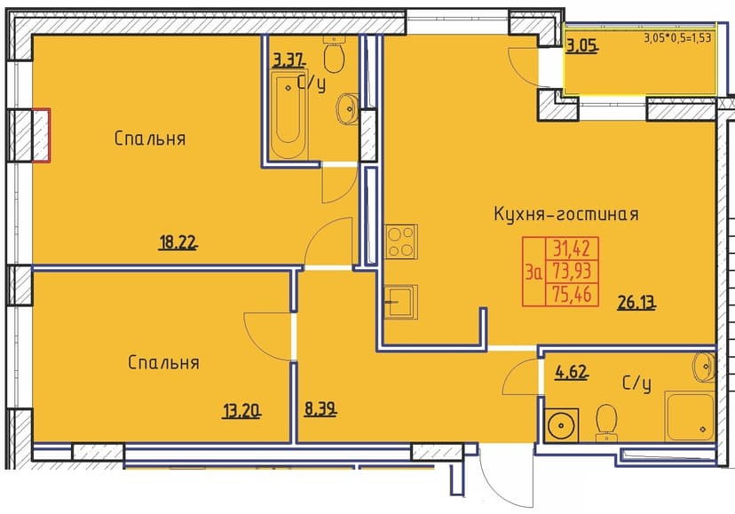 3 комн., 75.46 м²