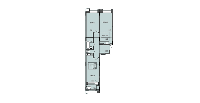3 комн., 66.50 м²