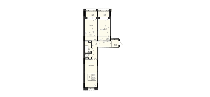 2 комн., 66.51 м²