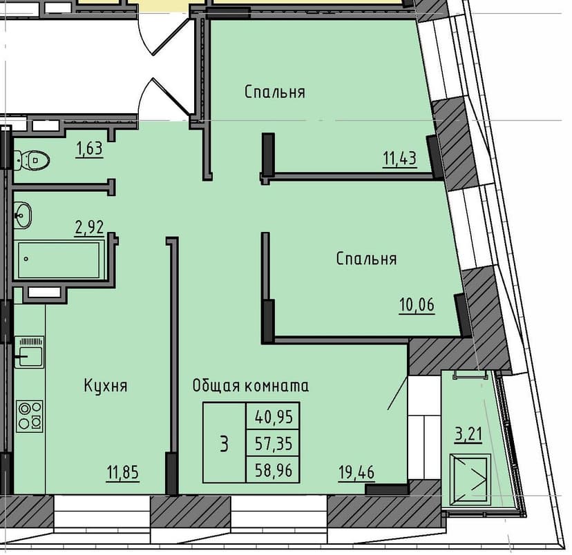 3 комн., 58.96 м²