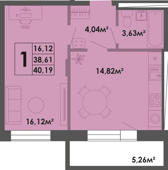 1 комн., 40.19 м²