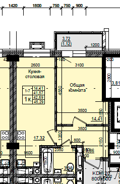 1 комн., 42.69 м²