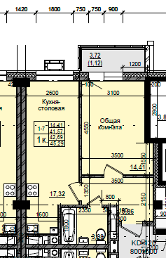 1 комн., 42.69 м²
