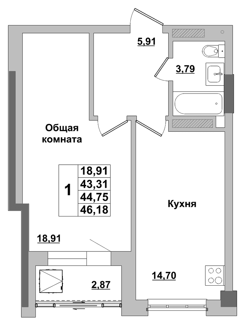 1 комн., 44.75 м²