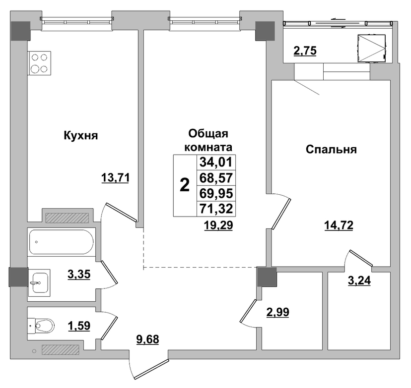 2 комн., 69.95 м²