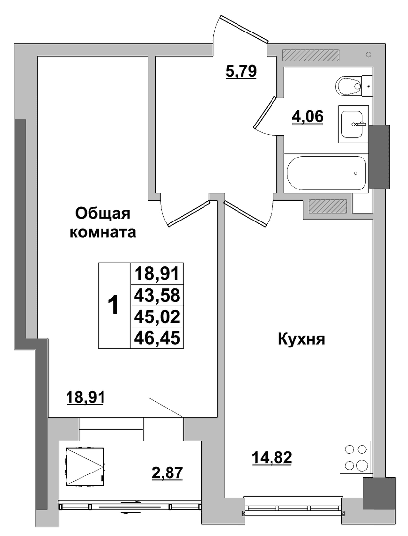 1 комн., 45.02 м²