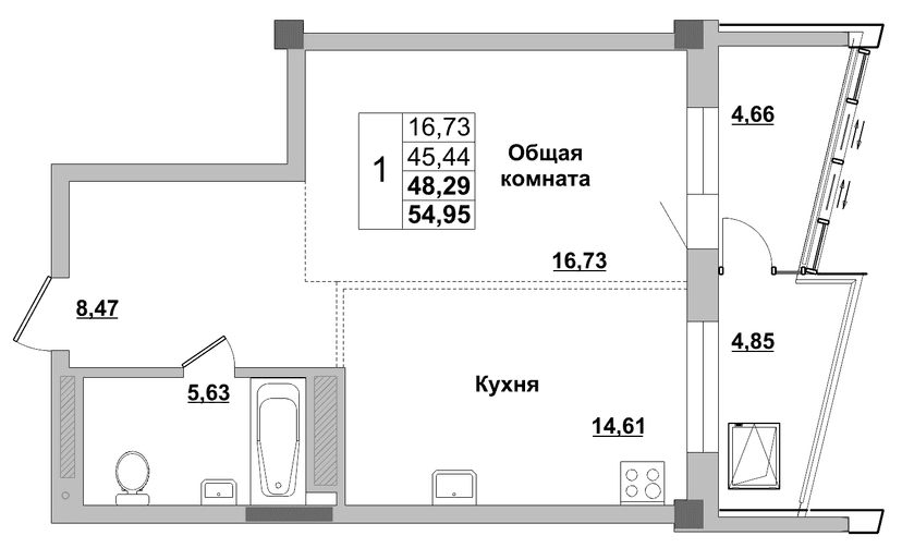 1 комн., 48.29 м²