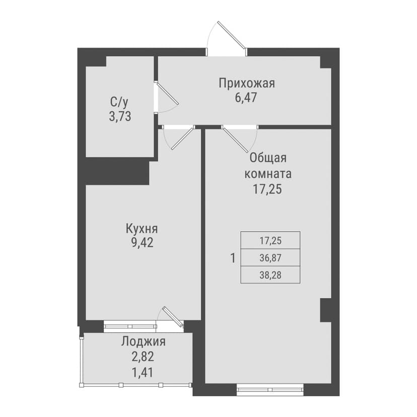 1 комн., 38.28 м²