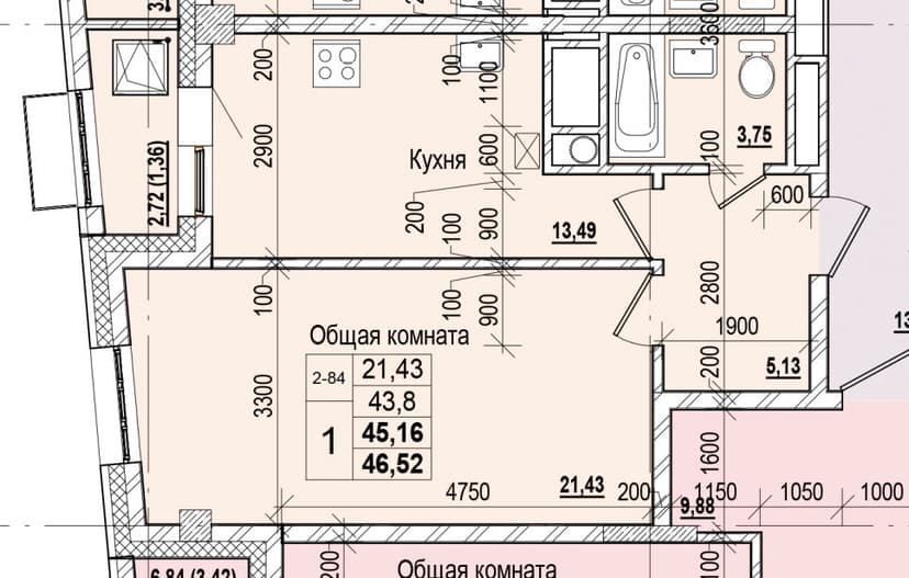 1 комн., 45.16 м²