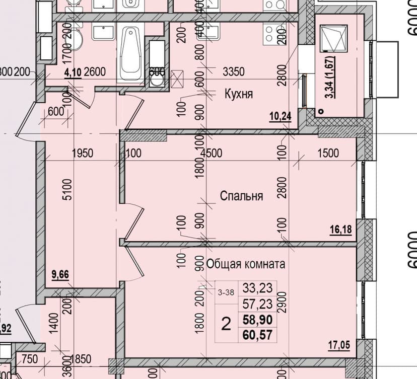 2 комн., 58.90 м²