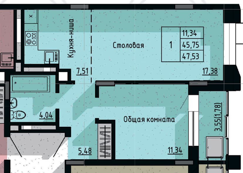 1 комн., 47.53 м²