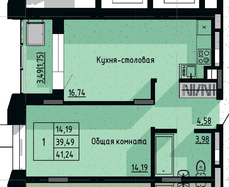 1 комн., 41.24 м²