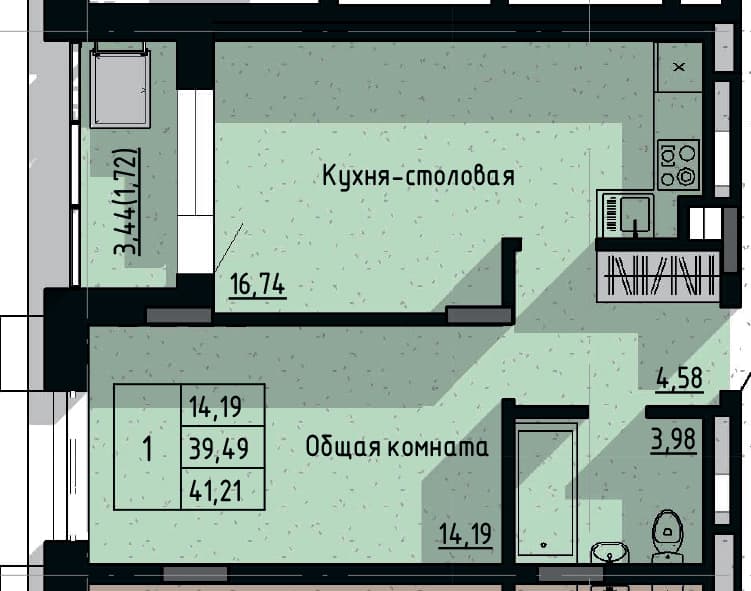 1 комн., 41.21 м²