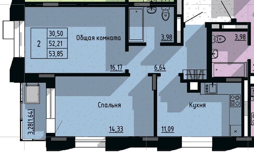 2 комн., 53.85 м²