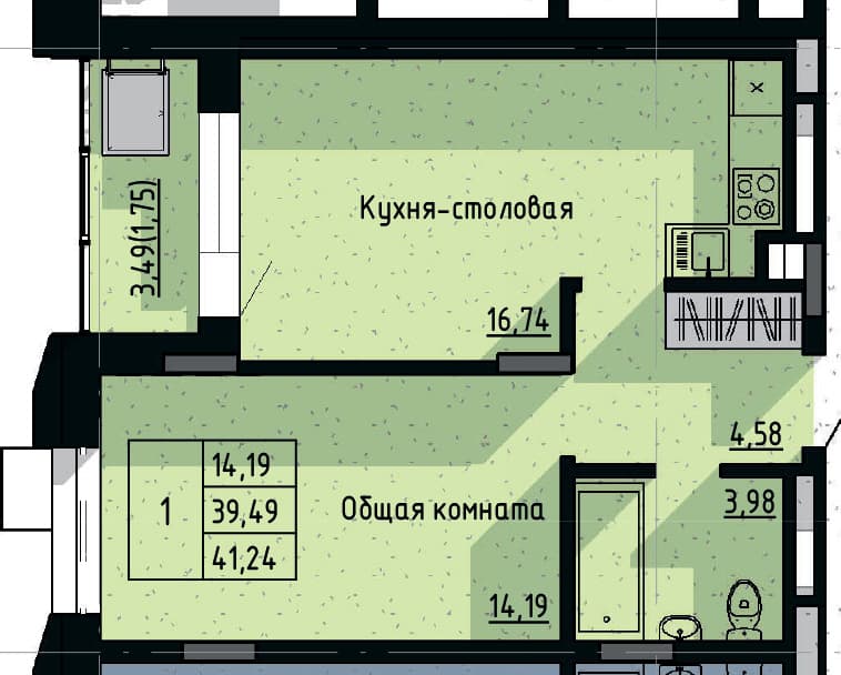 1 комн., 41.24 м²