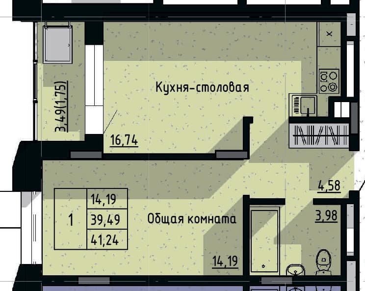 1 комн., 41.24 м²