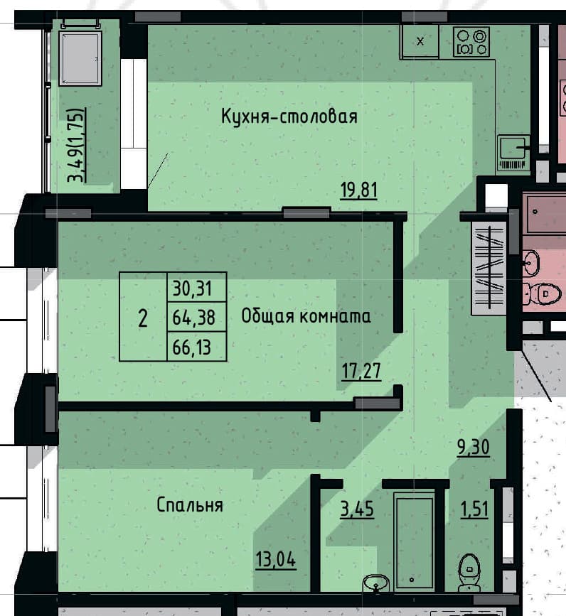 2 комн., 66.13 м²