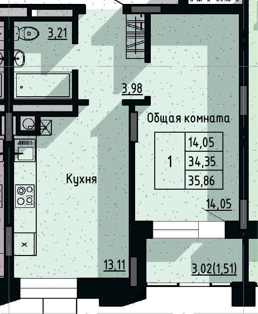 1 комн., 35.86 м²