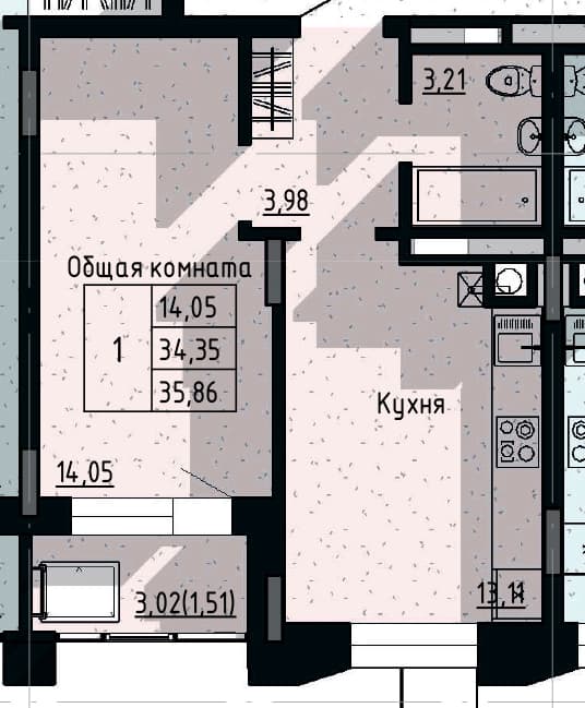 1 комн., 35.86 м²