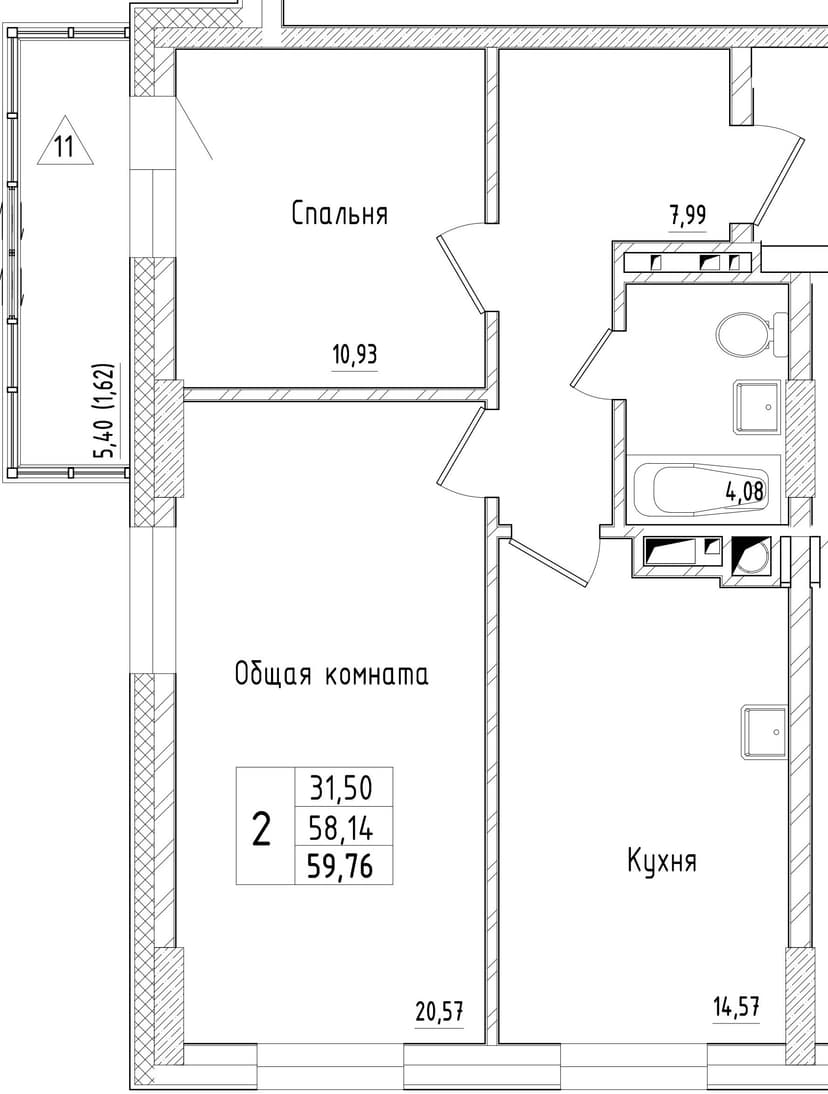 2 комн., 59.76 м²