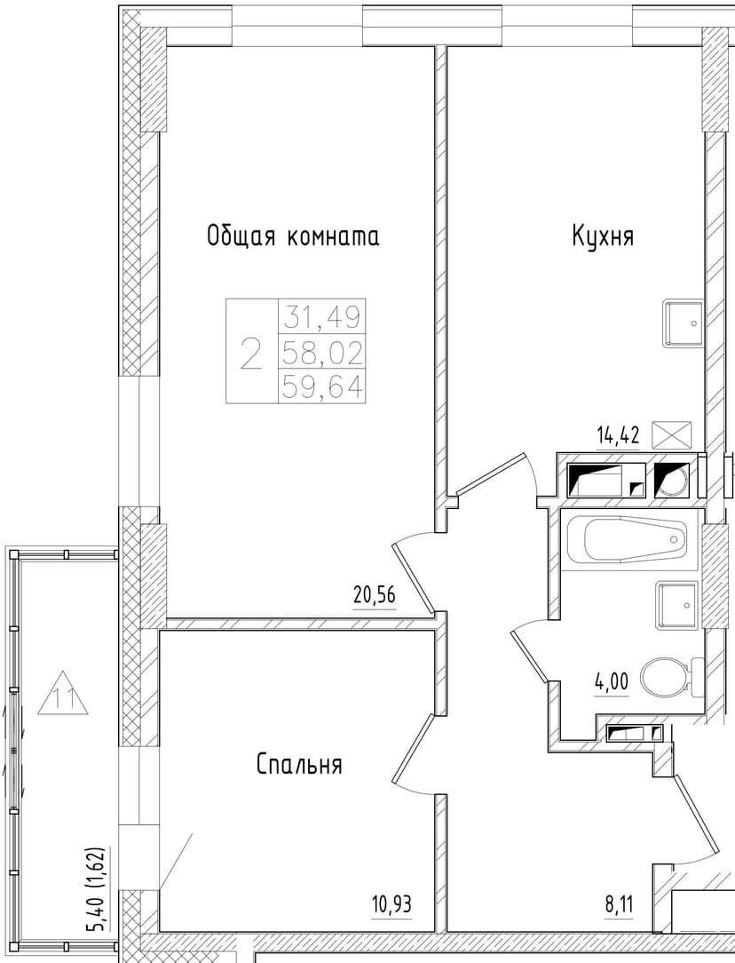 2 комн., 59.64 м²