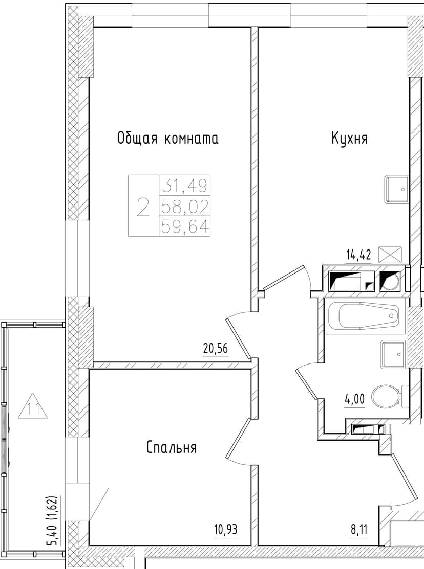 2 комн., 59.64 м²