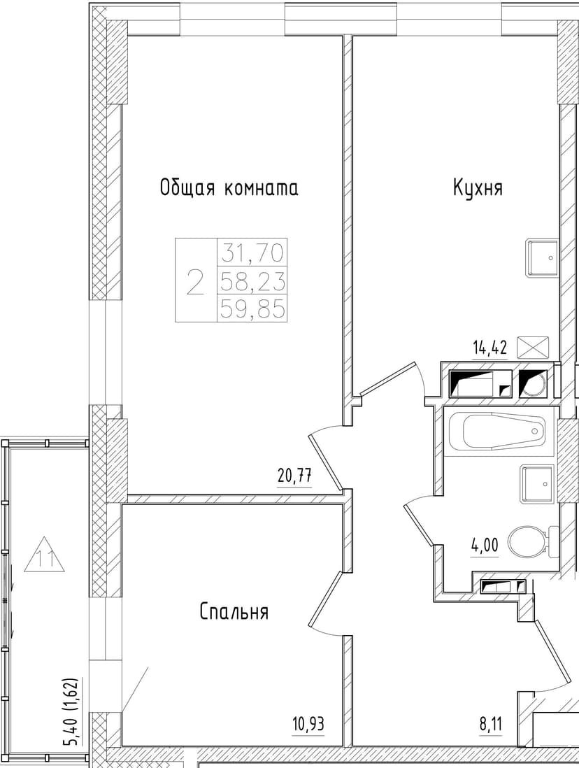 2 комн., 59.85 м²