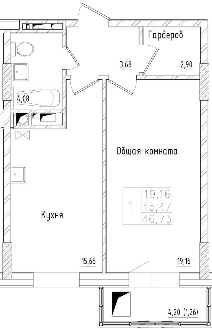 1 комн., 46.73 м²