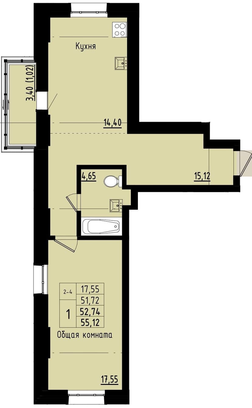 1 комн., 52.74 м²