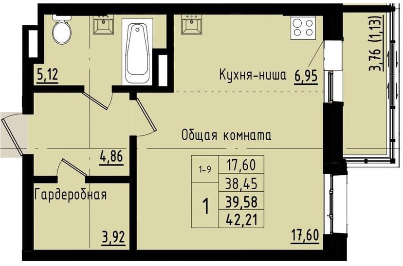 1 комн., 39.58 м²