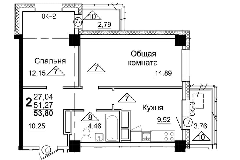 2 комн., 53.80 м²