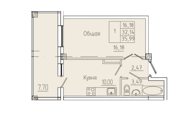 1 комн., 36 м², Монолитно-каркасный, Апельсин