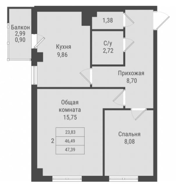 2 комн., 47 м², Монолитно-каркасный, Авторынок