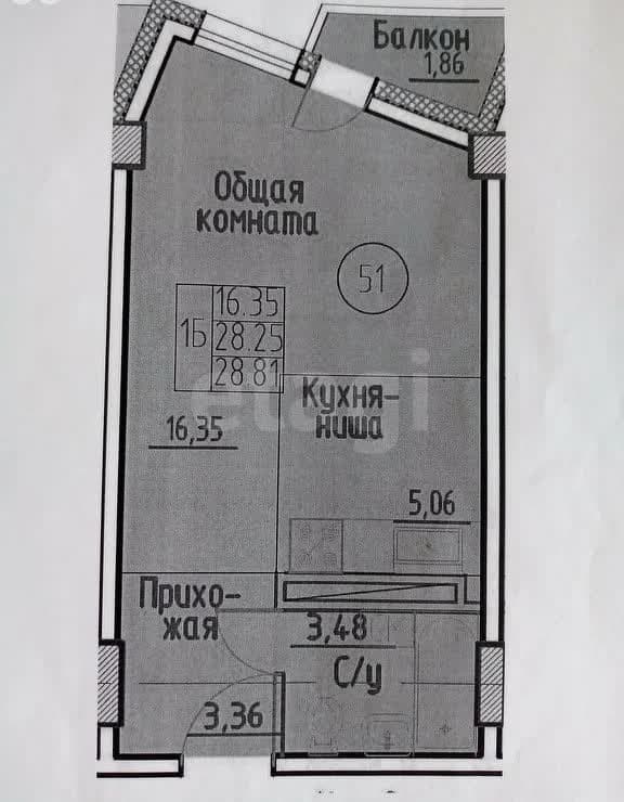 Студия, 28 м², Монолитно-каркасный 7