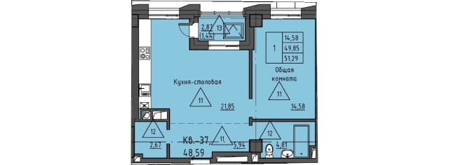 2 комн., 51 м², Монолитно-каркасный, Залог
