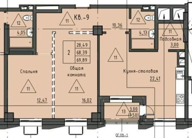 3 комн., 69 м², Монолитно-каркасный, Залог