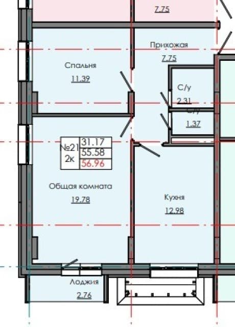 2 комн., 55 м², Монолитно-каркасный, Звездный