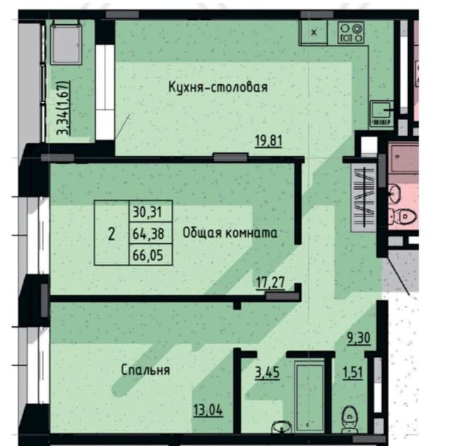 2 комн., 66 м², Монолитно-каркасный, Сайсары